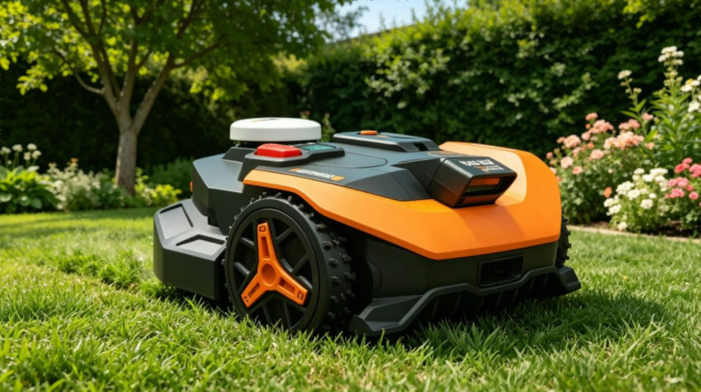 WORX Landroid Vision WR320 robot lawn mower with RTK dome and orange body on white background