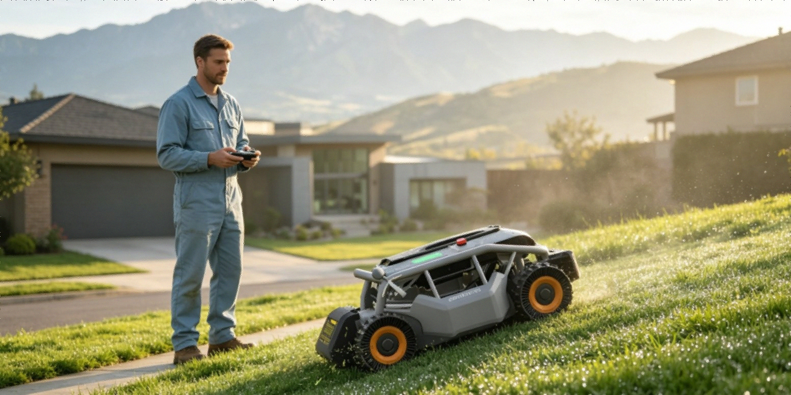 Mowrator S1 4WD remote control lawn mower climbing steep slope at 119%
