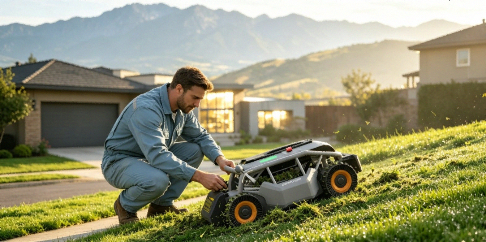 Mowrator S1 4WD remote control lawn mower climbing steep slope at 119%