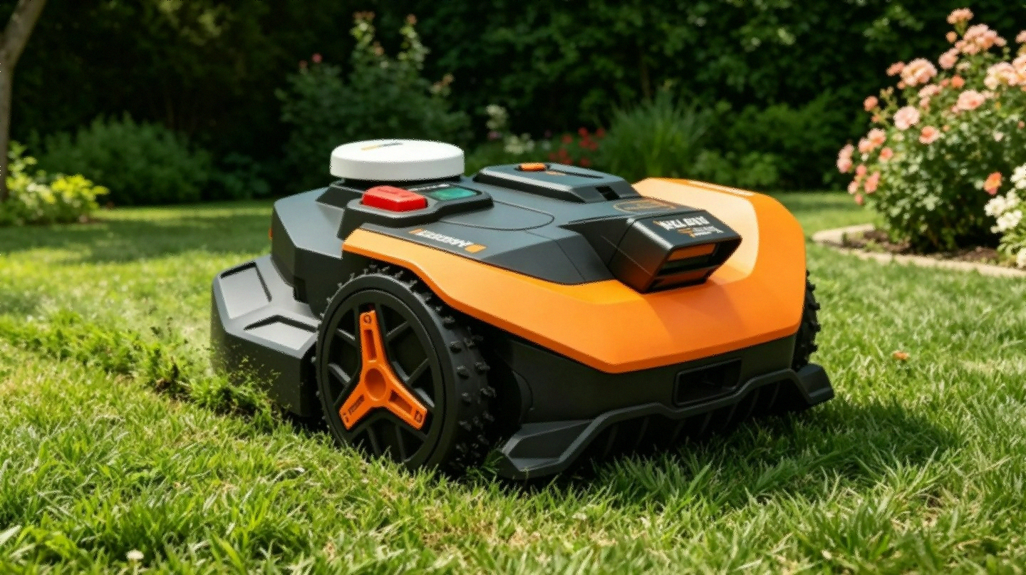 WORX Landroid Vision WR320 robot lawn mower with RTK dome and orange body on white background