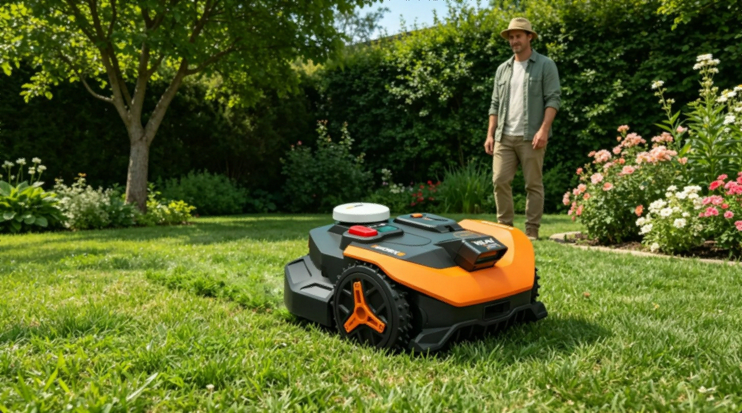 WORX Landroid Vision WR320 robot lawn mower with RTK dome and orange body on white background